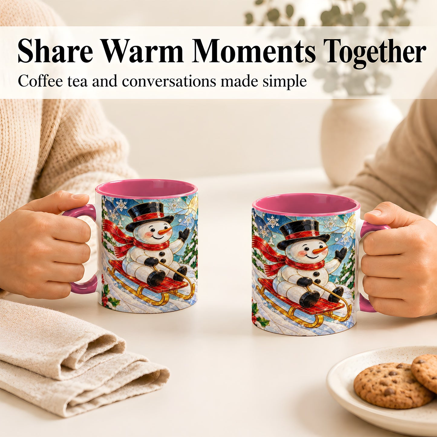 #pl[11oz|Pink] Sledding Snowman Coffee Mug, Stained Glass Style Mug, Ceramic Cup