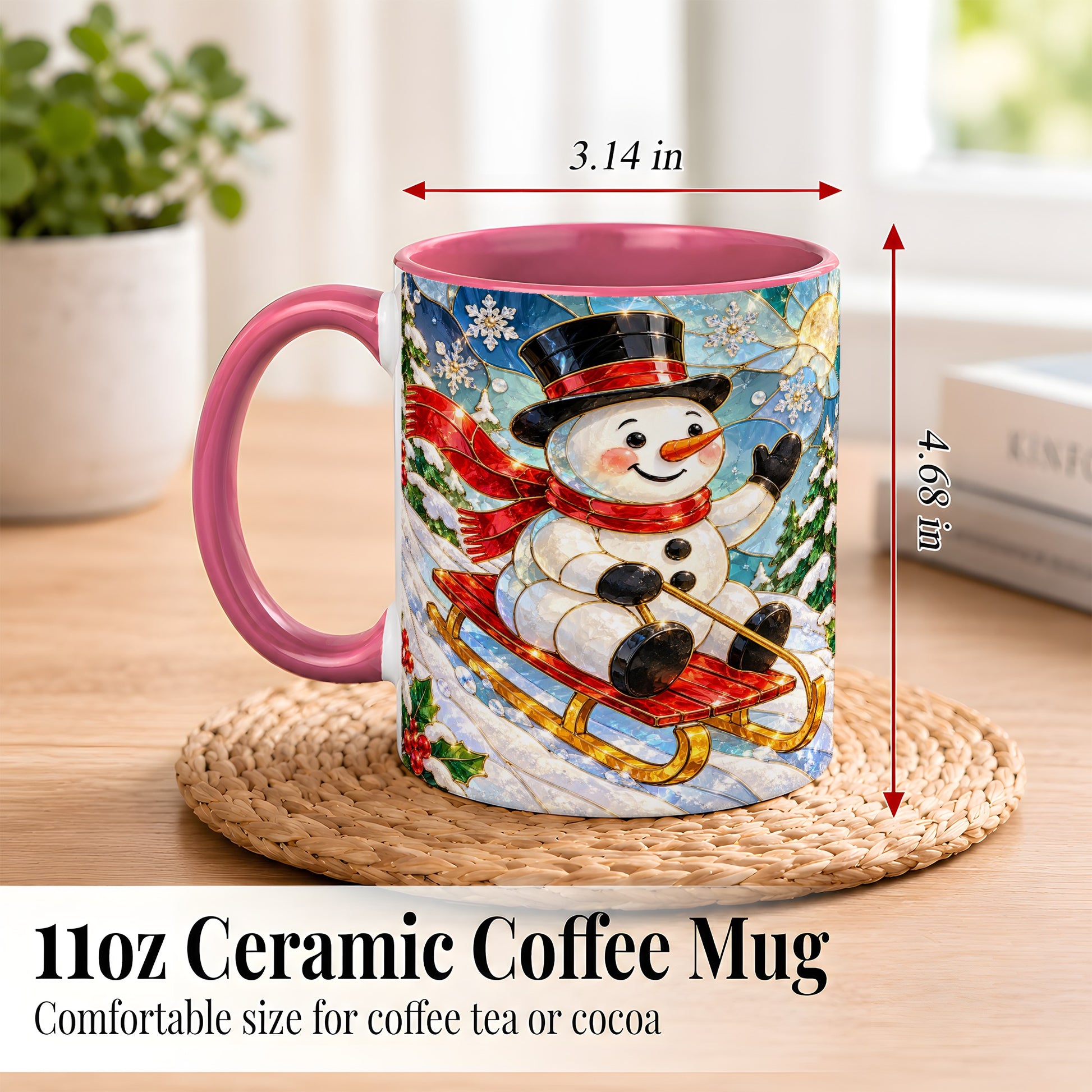 #pl[11oz|Pink] Sledding Snowman Coffee Mug, Stained Glass Style Mug, Ceramic Cup