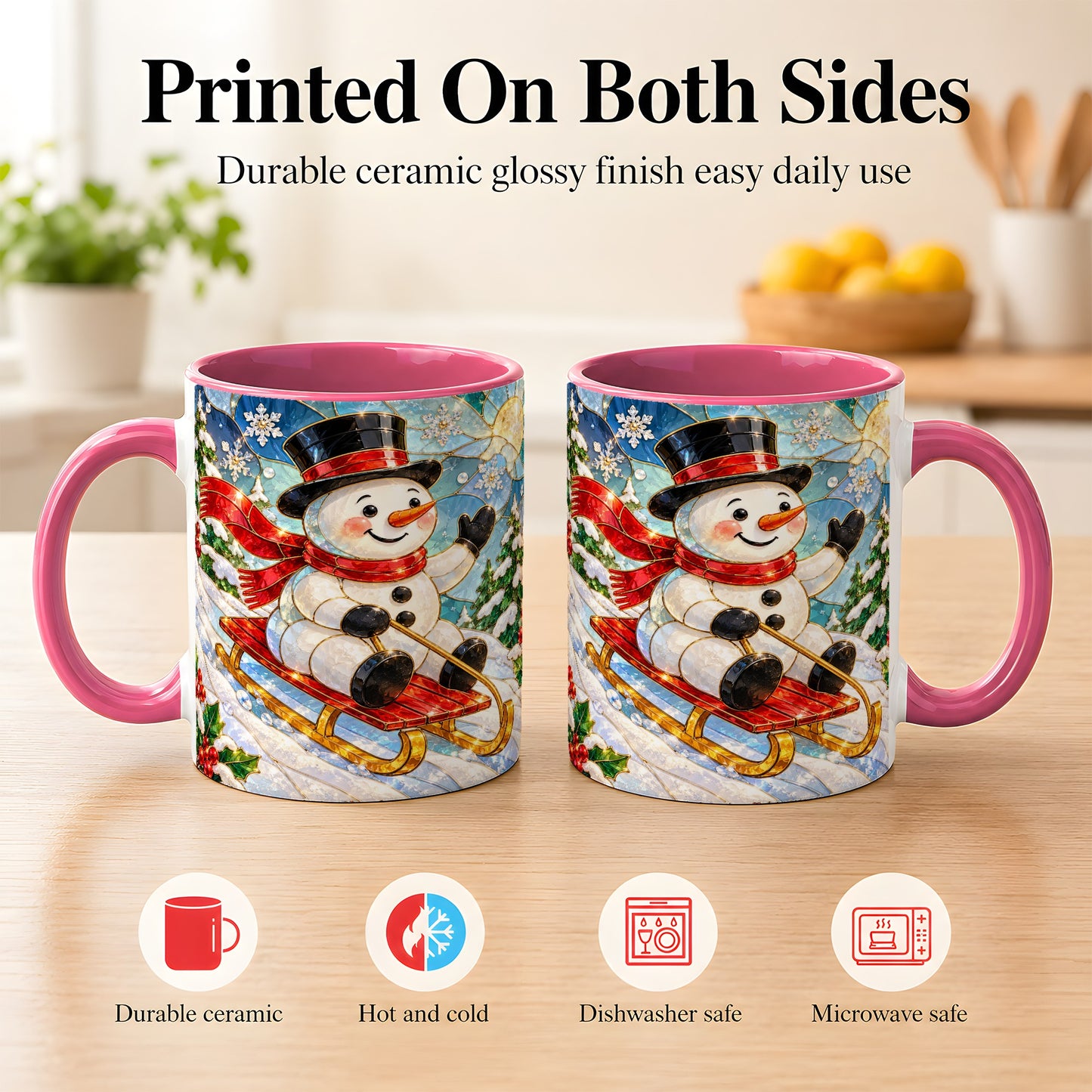 #pl[11oz|Pink] Sledding Snowman Coffee Mug, Stained Glass Style Mug, Ceramic Cup