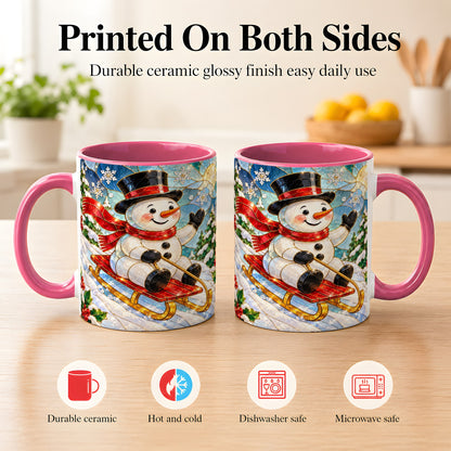 #pl[11oz|Pink] Sledding Snowman Coffee Mug, Stained Glass Style Mug, Ceramic Cup