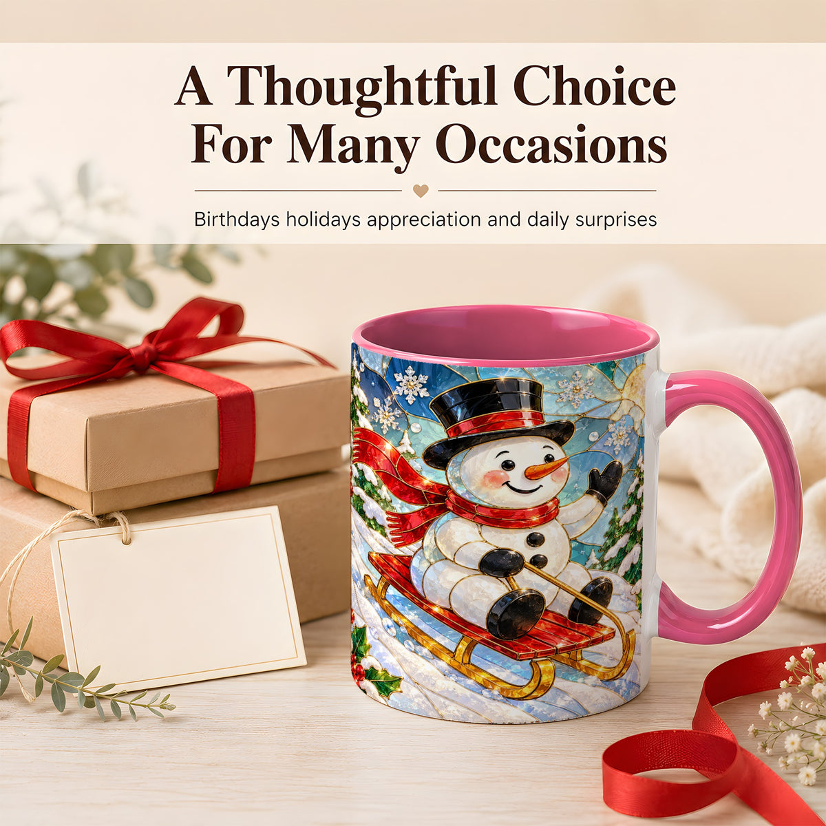 #pl[11oz|Pink] Sledding Snowman Coffee Mug, Stained Glass Style Mug, Ceramic Cup