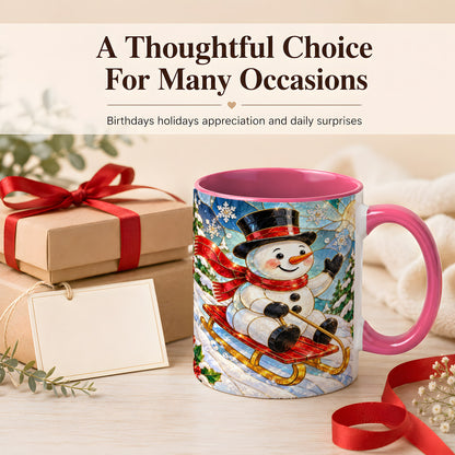 #pl[11oz|Pink] Sledding Snowman Coffee Mug, Stained Glass Style Mug, Ceramic Cup