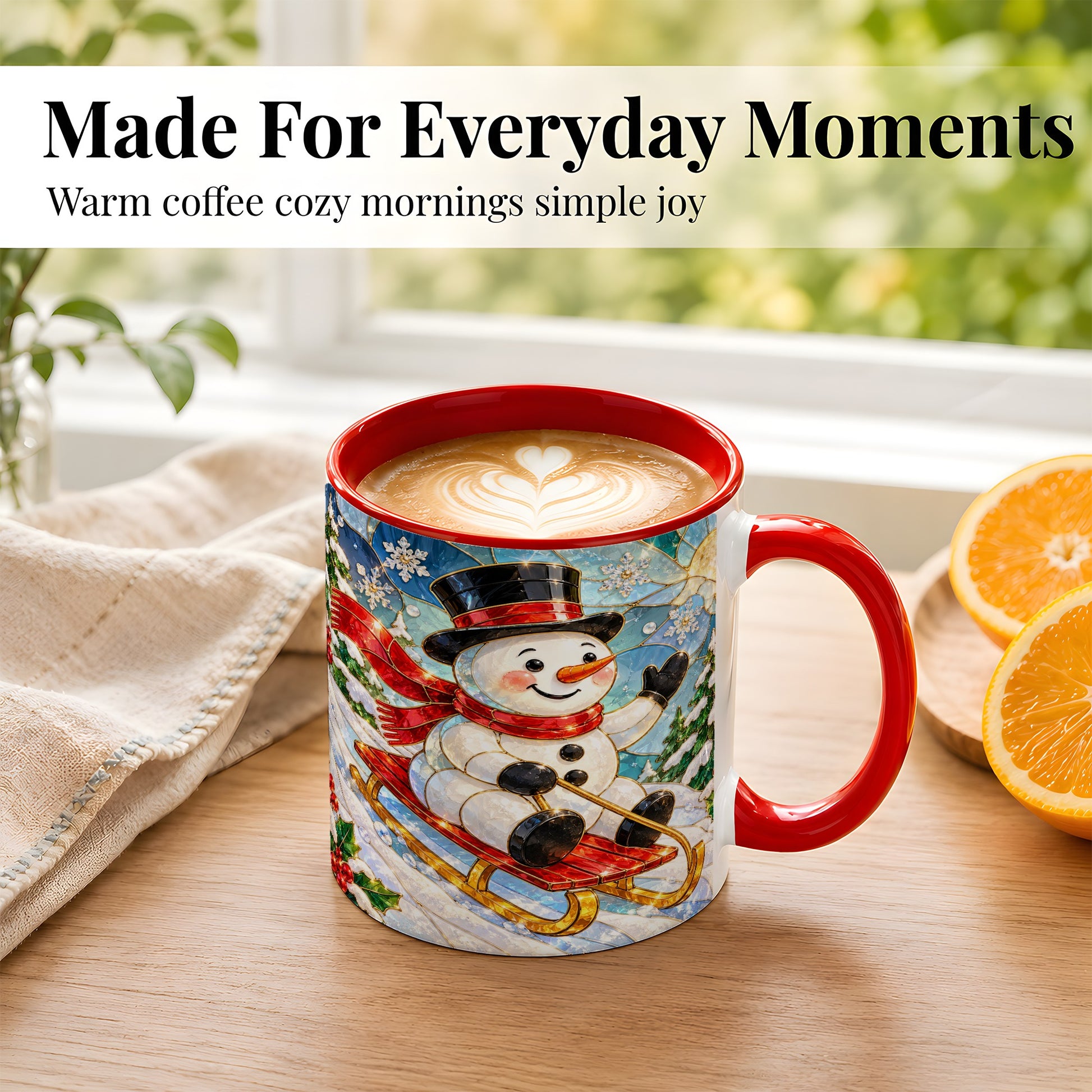 #pl[11oz|Red] Sledding Snowman Coffee Mug, Stained Glass Style Mug, Ceramic Cup