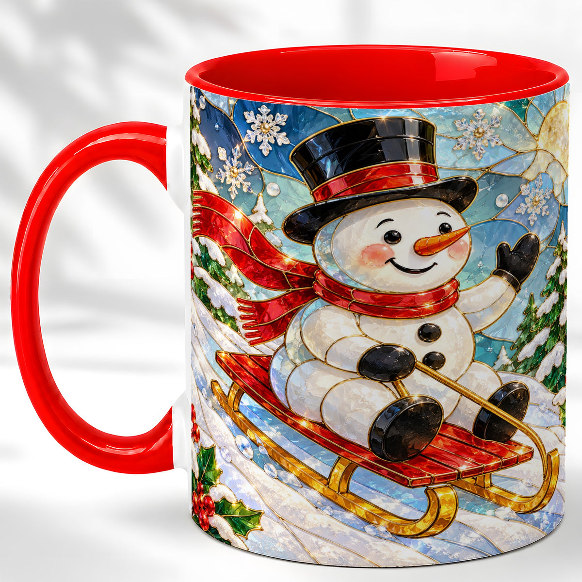 Sledding Snowman Coffee Mug, Stained Glass Style Mug, Ceramic Cup