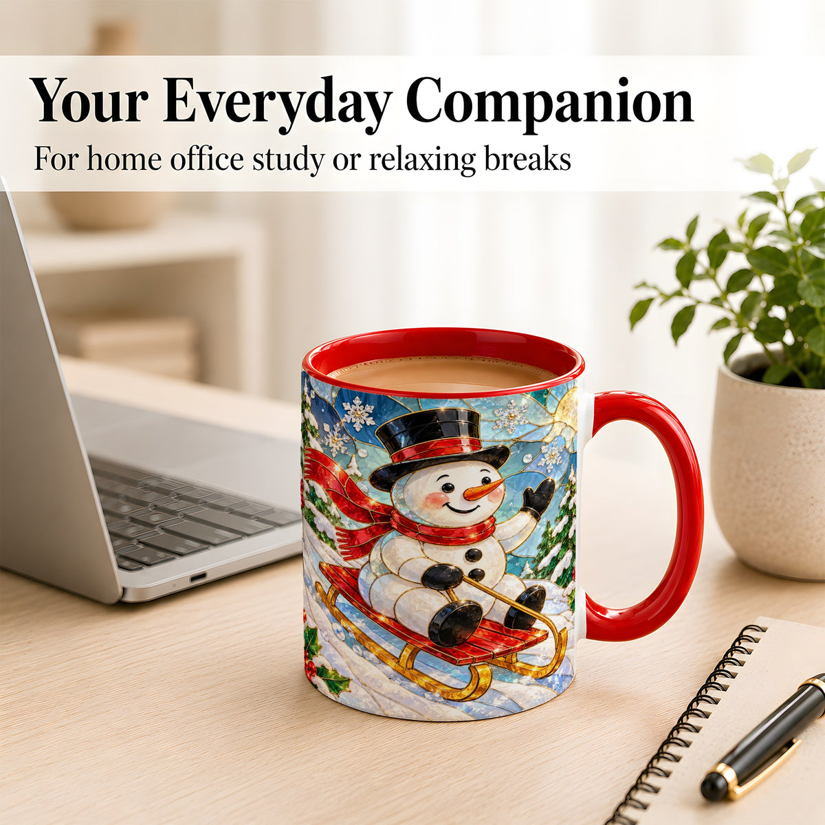 #pl[11oz|Red] Sledding Snowman Coffee Mug, Stained Glass Style Mug, Ceramic Cup