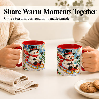 #pl[11oz|Red] Sledding Snowman Coffee Mug, Stained Glass Style Mug, Ceramic Cup