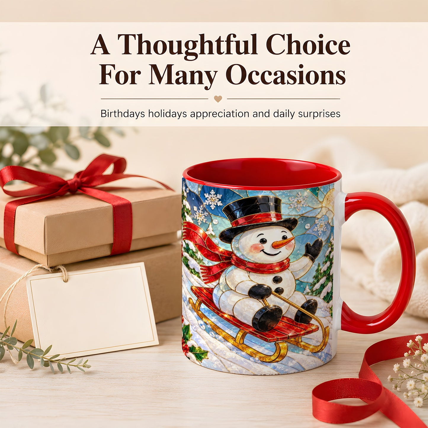 #pl[11oz|Red] Sledding Snowman Coffee Mug, Stained Glass Style Mug, Ceramic Cup