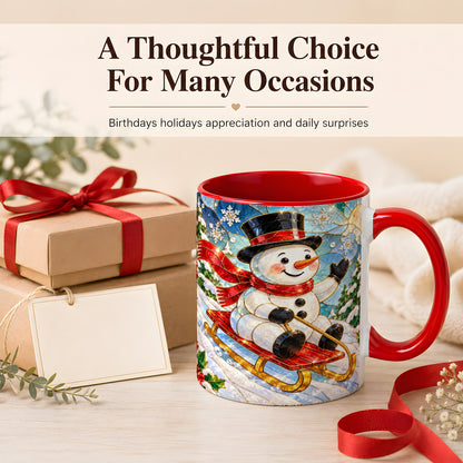 #pl[11oz|Red] Sledding Snowman Coffee Mug, Stained Glass Style Mug, Ceramic Cup