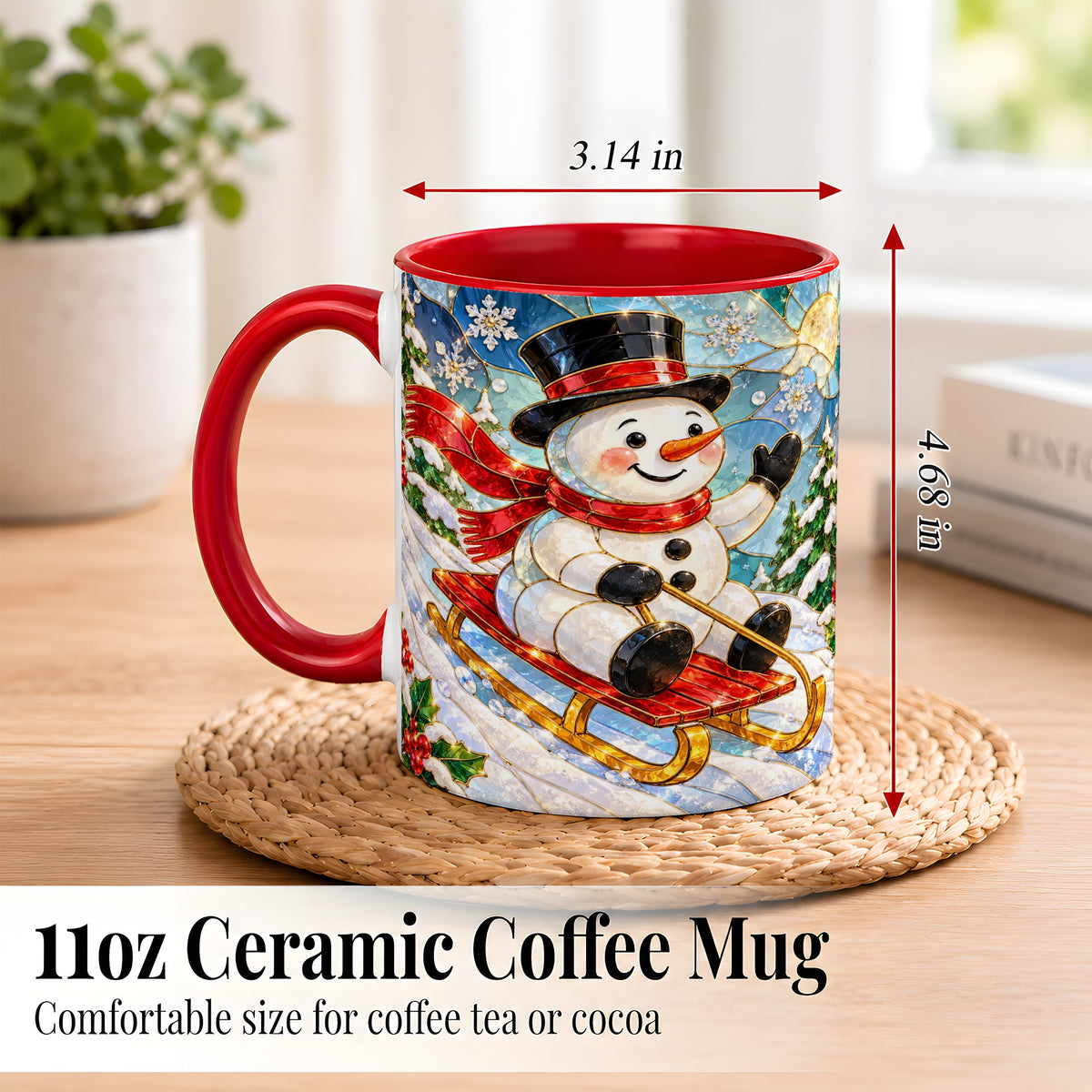 #pl[11oz|Red] Sledding Snowman Coffee Mug, Stained Glass Style Mug, Ceramic Cup
