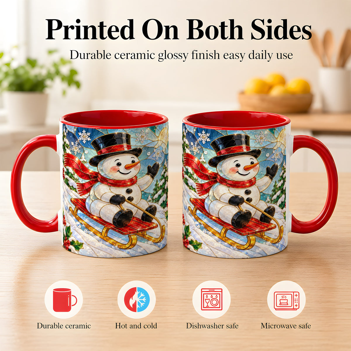 #pl[11oz|Red] Sledding Snowman Coffee Mug, Stained Glass Style Mug, Ceramic Cup