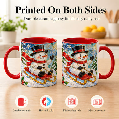 #pl[11oz|Red] Sledding Snowman Coffee Mug, Stained Glass Style Mug, Ceramic Cup