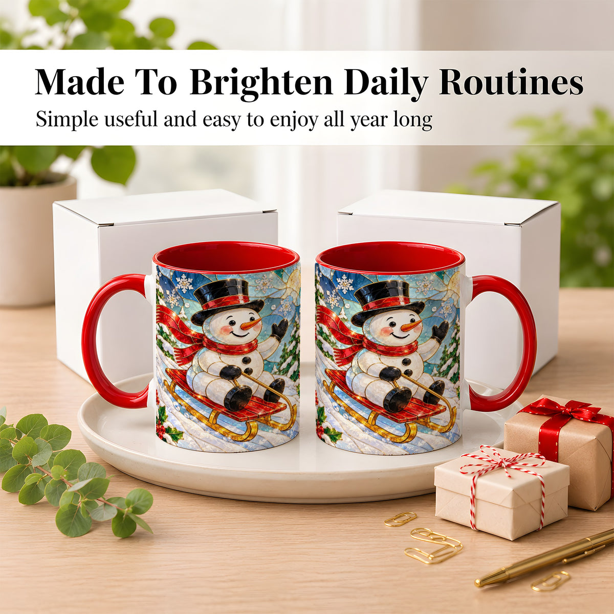 #pl[11oz|Red] Sledding Snowman Coffee Mug, Stained Glass Style Mug, Ceramic Cup
