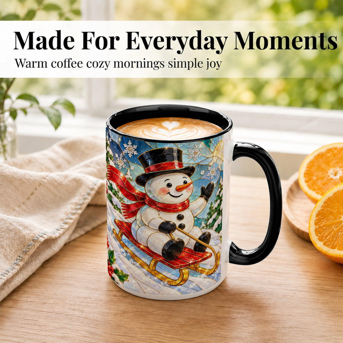 #pl[15oz|Black] Sledding Snowman Coffee Mug, Stained Glass Style Mug, Ceramic Cup