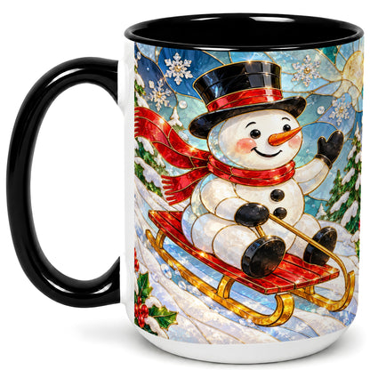 #pl[15oz|Black] Sledding Snowman Coffee Mug, Stained Glass Style Mug, Ceramic Cup