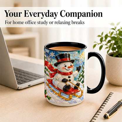 #pl[15oz|Black] Sledding Snowman Coffee Mug, Stained Glass Style Mug, Ceramic Cup