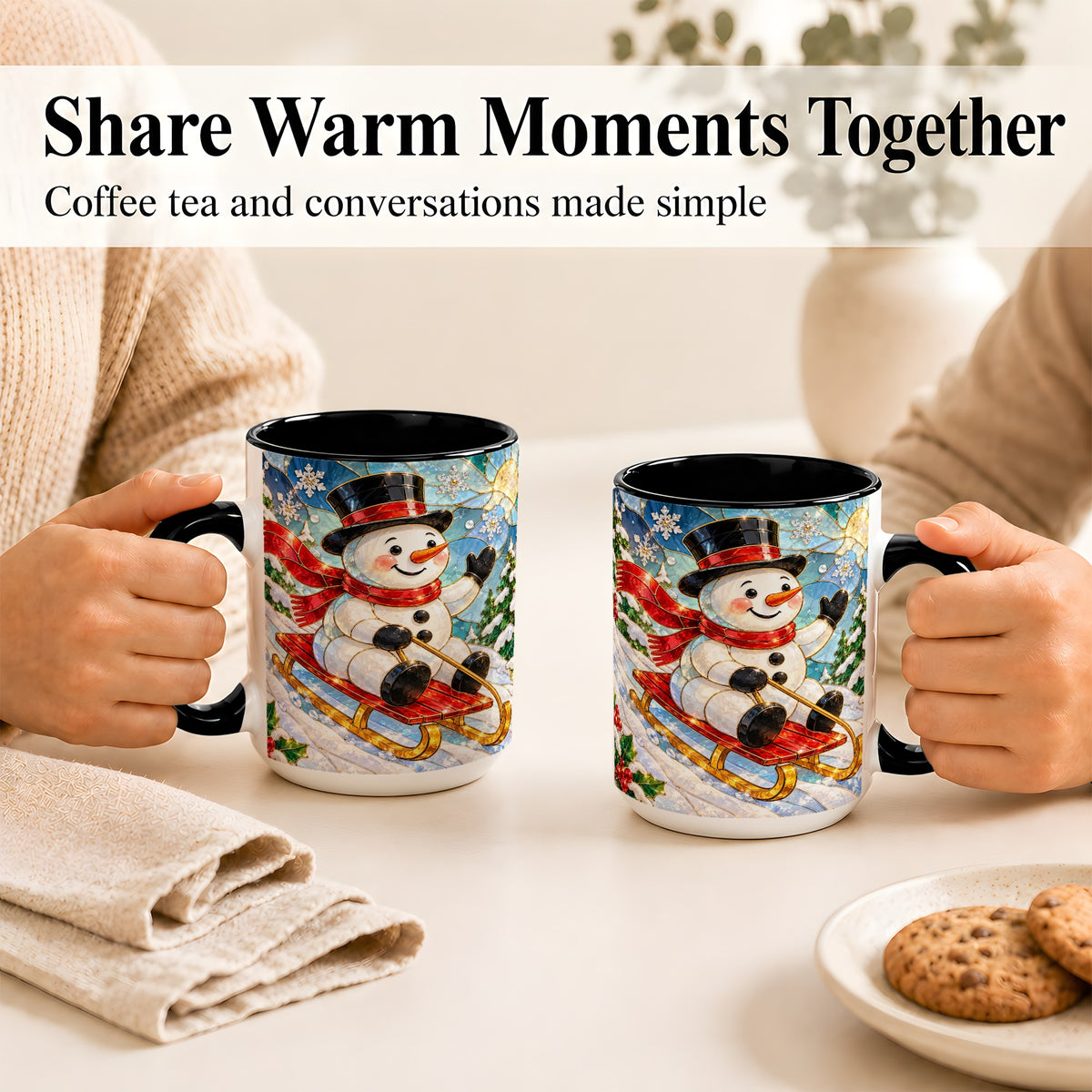 #pl[15oz|Black] Sledding Snowman Coffee Mug, Stained Glass Style Mug, Ceramic Cup
