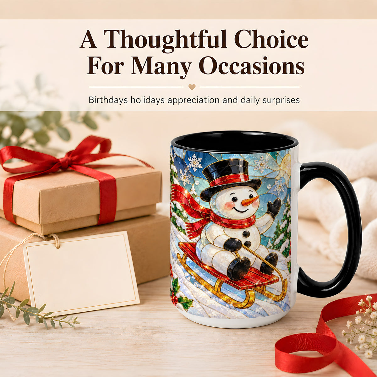 #pl[15oz|Black] Sledding Snowman Coffee Mug, Stained Glass Style Mug, Ceramic Cup