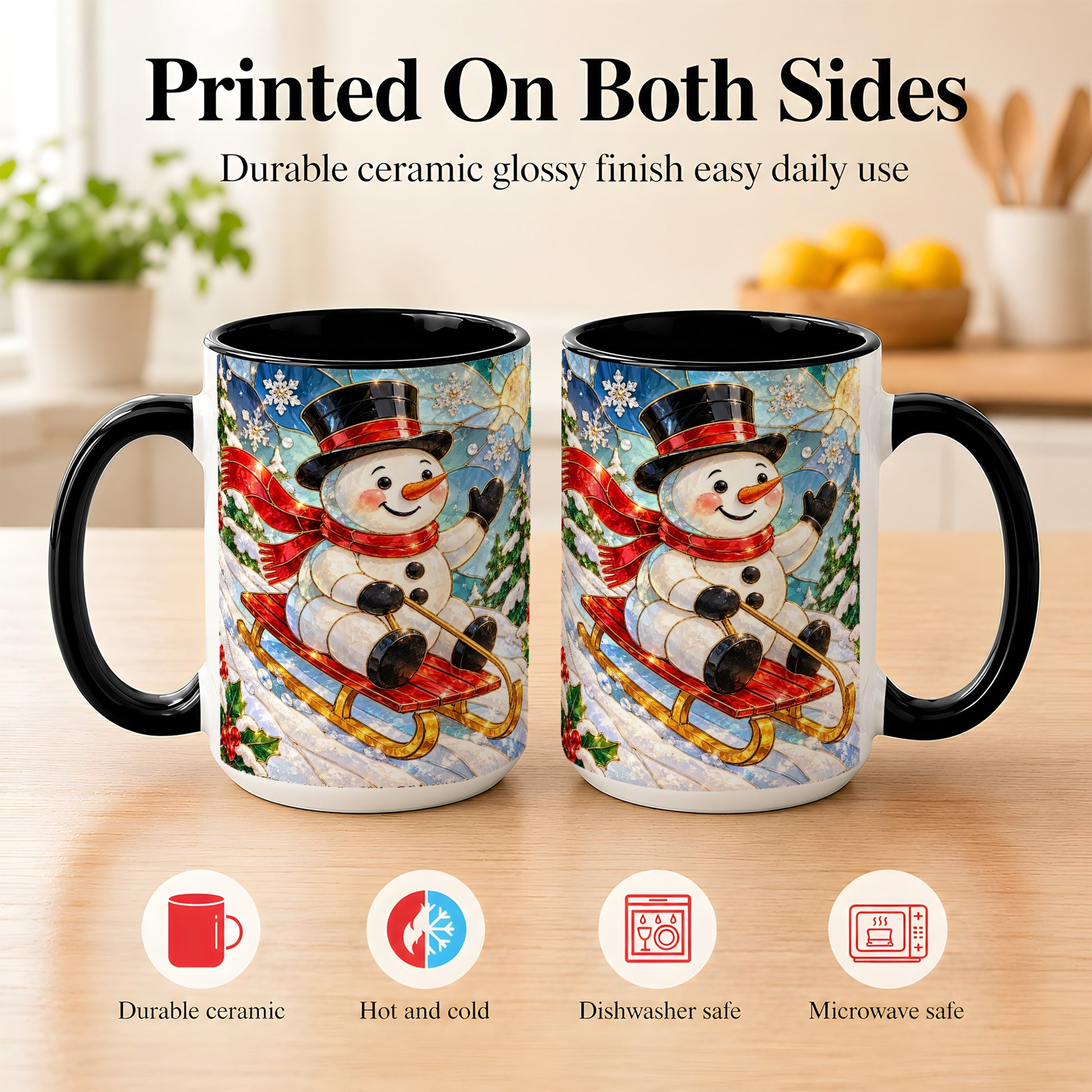 #pl[15oz|Black] Sledding Snowman Coffee Mug, Stained Glass Style Mug, Ceramic Cup