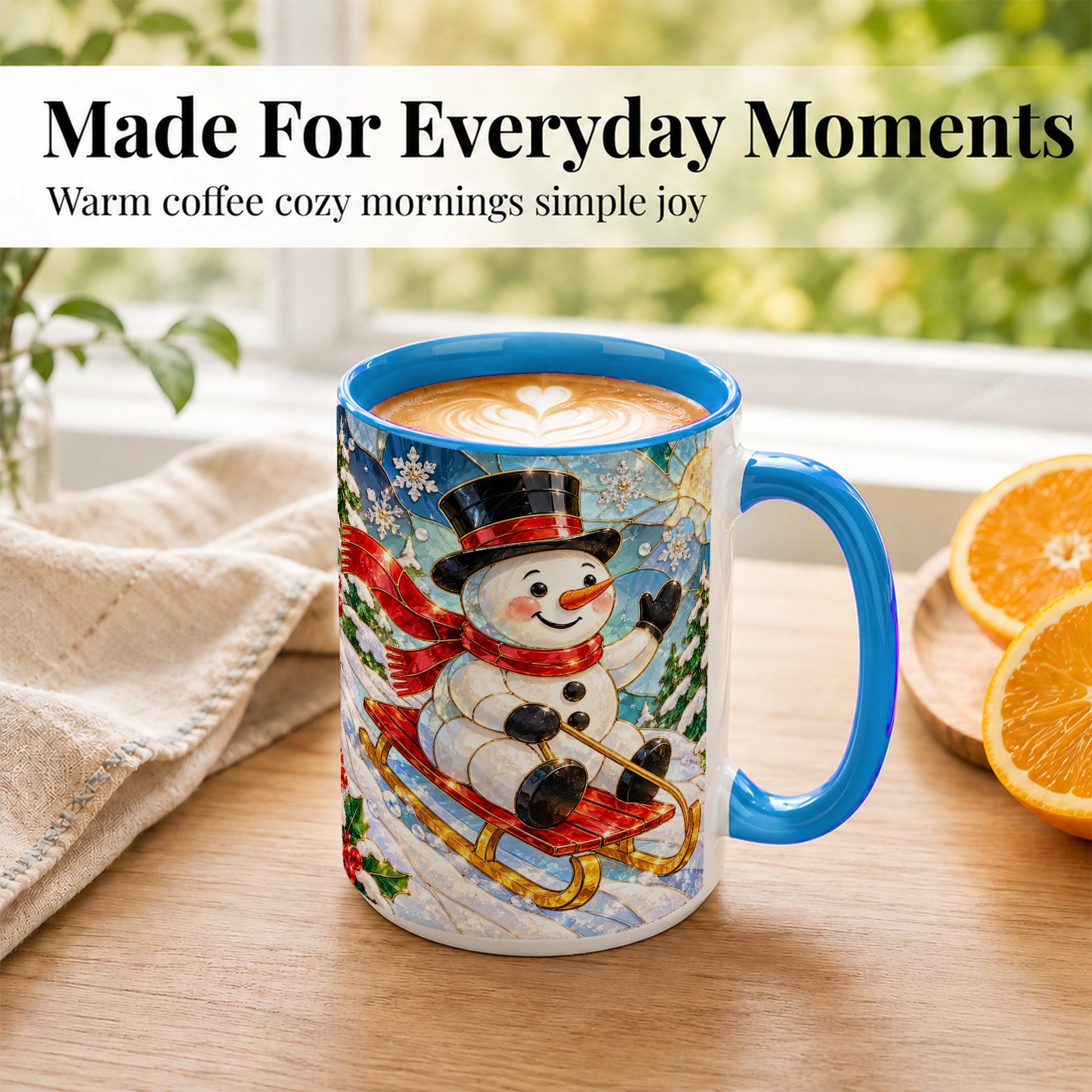 #pl[15oz|Blue] Sledding Snowman Coffee Mug, Stained Glass Style Mug, Ceramic Cup
