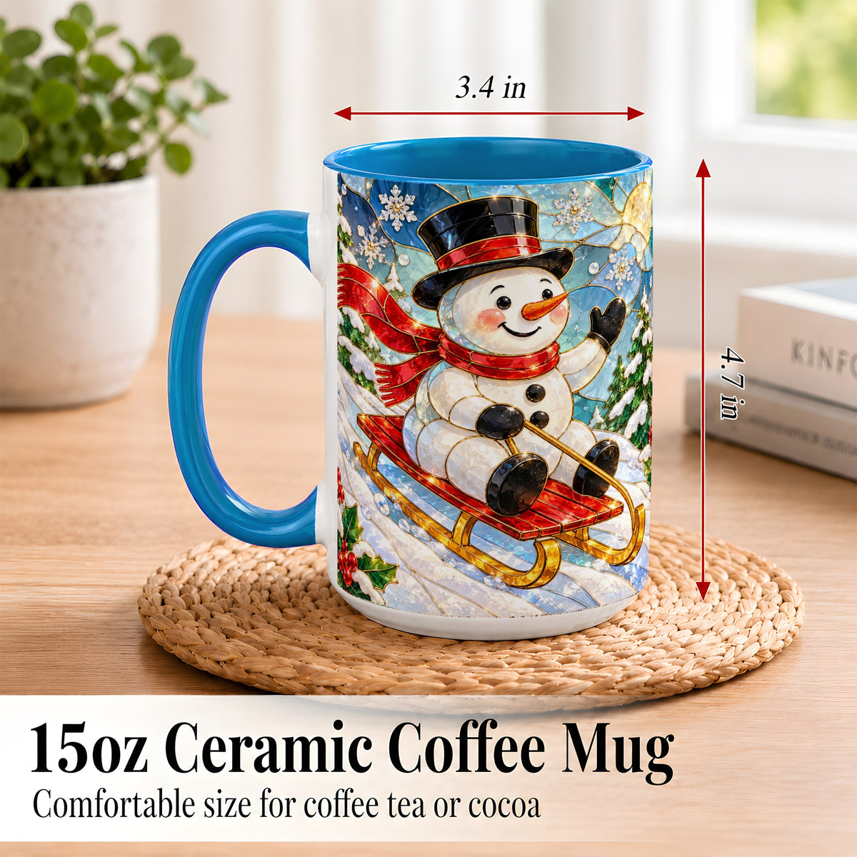 #pl[15oz|Blue] Sledding Snowman Coffee Mug, Stained Glass Style Mug, Ceramic Cup