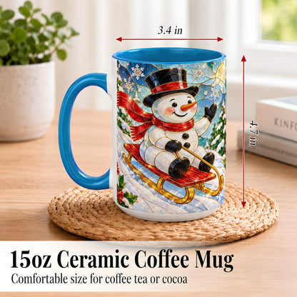 #pl[15oz|Blue] Sledding Snowman Coffee Mug, Stained Glass Style Mug, Ceramic Cup
