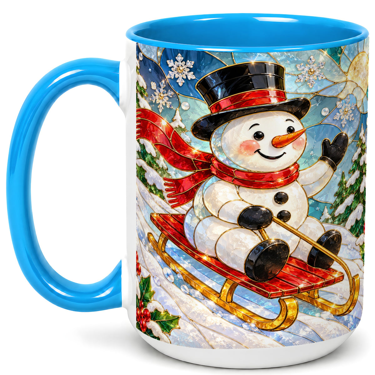 #pl[15oz|Blue] Sledding Snowman Coffee Mug, Stained Glass Style Mug, Ceramic Cup