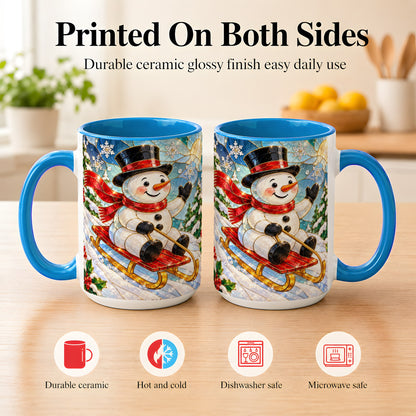 #pl[15oz|Blue] Sledding Snowman Coffee Mug, Stained Glass Style Mug, Ceramic Cup