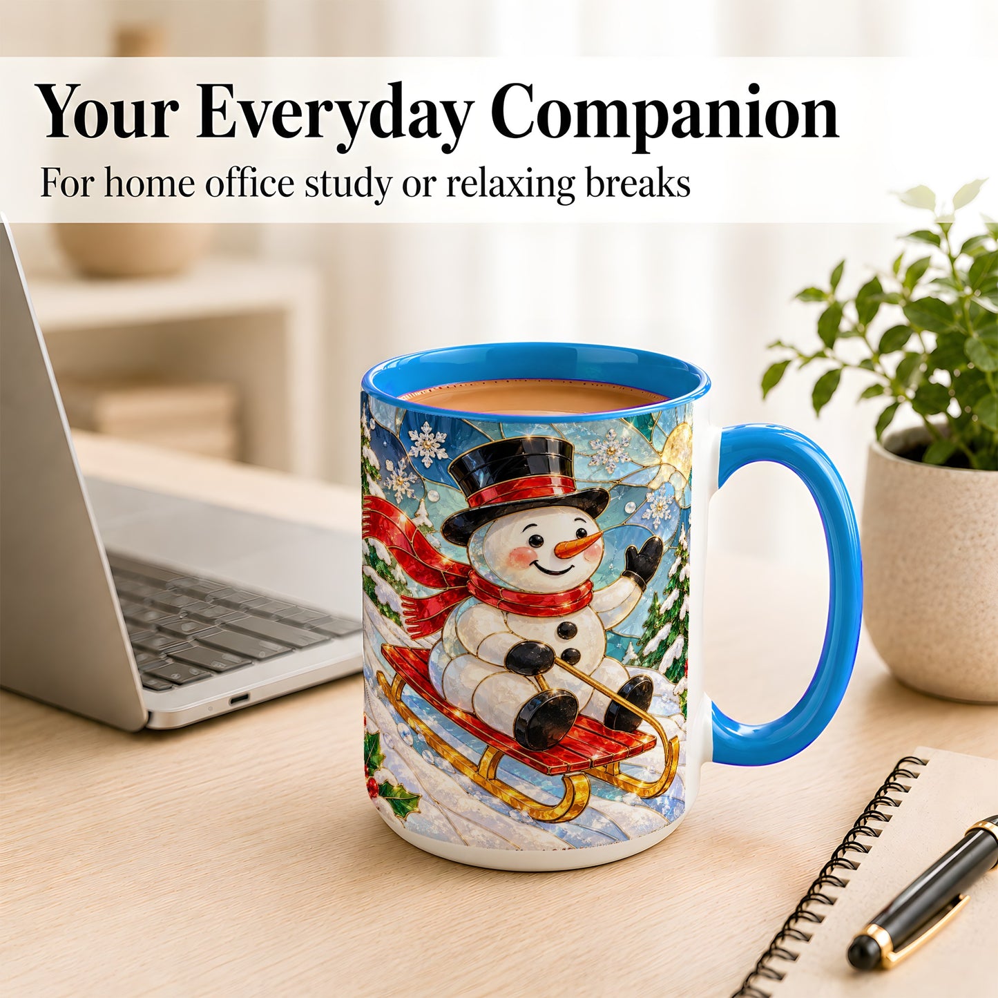 #pl[15oz|Blue] Sledding Snowman Coffee Mug, Stained Glass Style Mug, Ceramic Cup
