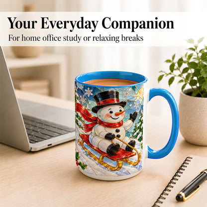 #pl[15oz|Blue] Sledding Snowman Coffee Mug, Stained Glass Style Mug, Ceramic Cup