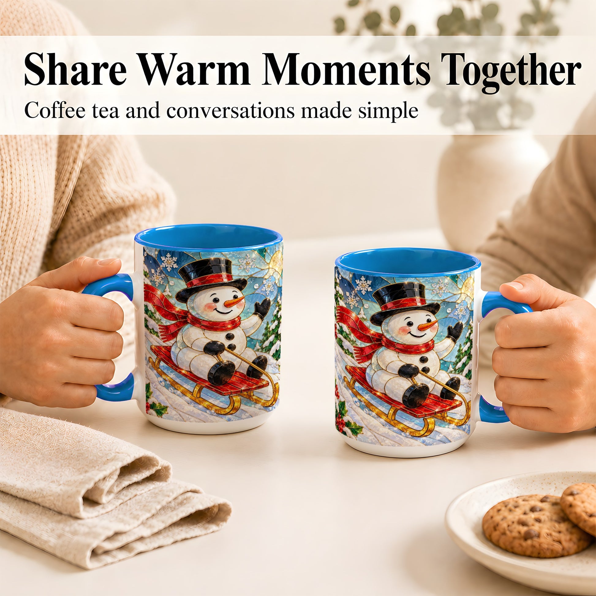 #pl[15oz|Blue] Sledding Snowman Coffee Mug, Stained Glass Style Mug, Ceramic Cup