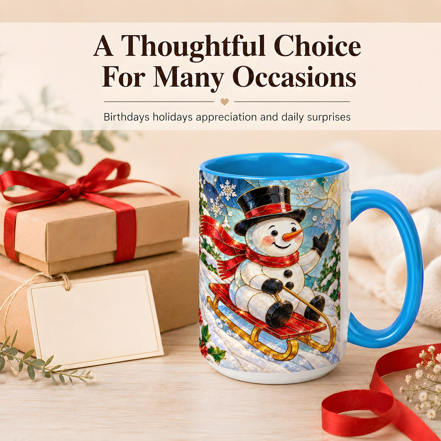 #pl[15oz|Blue] Sledding Snowman Coffee Mug, Stained Glass Style Mug, Ceramic Cup