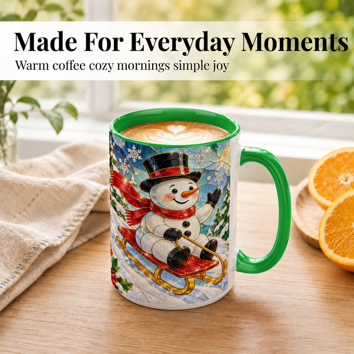 #pl[15oz|Green] Sledding Snowman Coffee Mug, Stained Glass Style Mug, Ceramic Cup