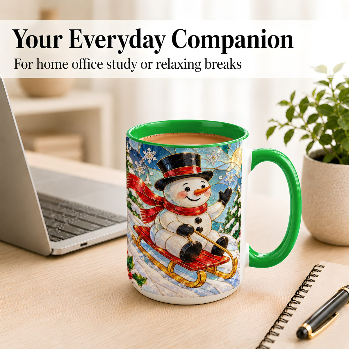 #pl[15oz|Green] Sledding Snowman Coffee Mug, Stained Glass Style Mug, Ceramic Cup