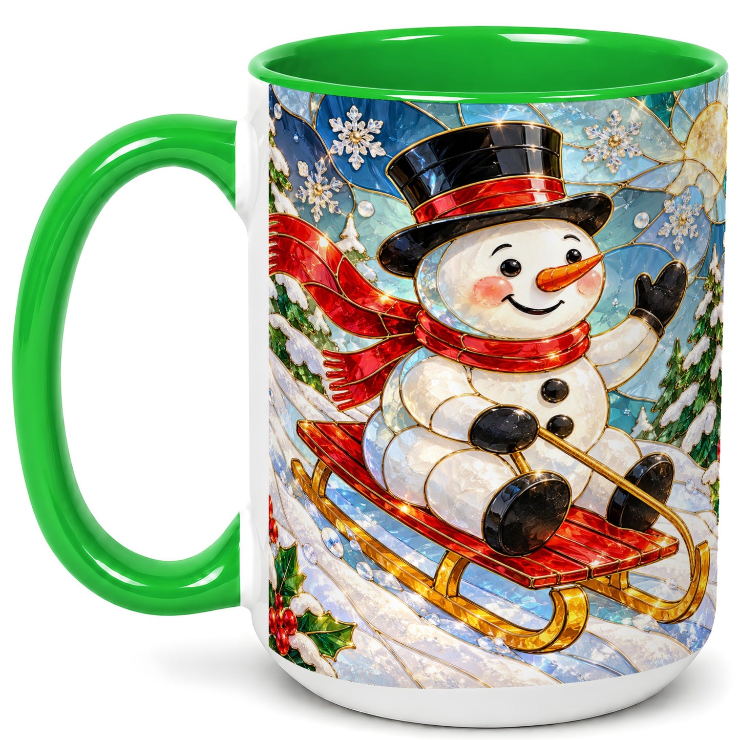 #pl[15oz|Green] Sledding Snowman Coffee Mug, Stained Glass Style Mug, Ceramic Cup