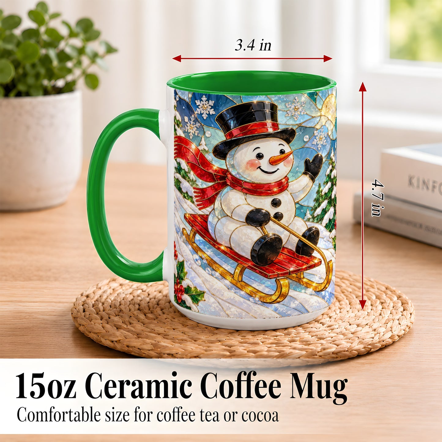 #pl[15oz|Green] Sledding Snowman Coffee Mug, Stained Glass Style Mug, Ceramic Cup