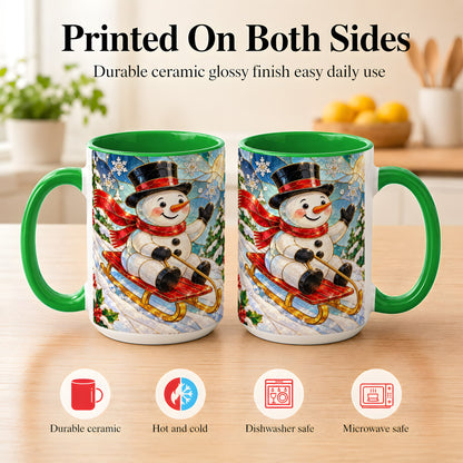 #pl[15oz|Green] Sledding Snowman Coffee Mug, Stained Glass Style Mug, Ceramic Cup
