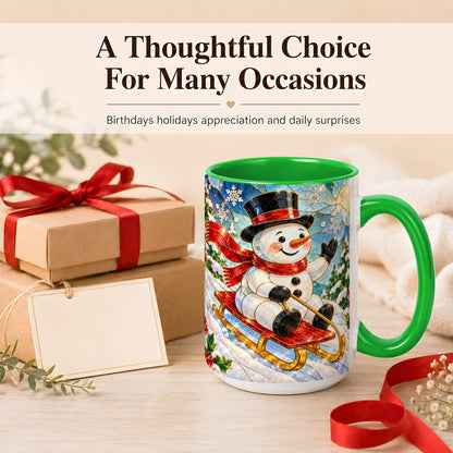 #pl[15oz|Green] Sledding Snowman Coffee Mug, Stained Glass Style Mug, Ceramic Cup