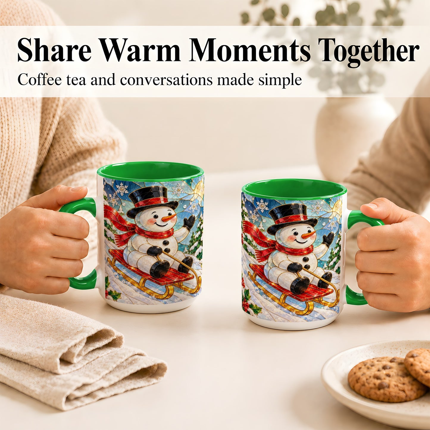 #pl[15oz|Green] Sledding Snowman Coffee Mug, Stained Glass Style Mug, Ceramic Cup