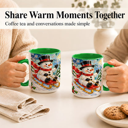 #pl[15oz|Green] Sledding Snowman Coffee Mug, Stained Glass Style Mug, Ceramic Cup