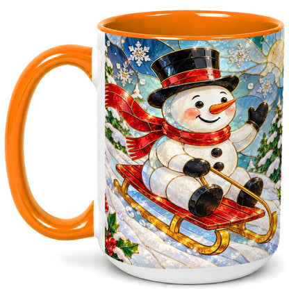 #pl[15oz|Orange] Sledding Snowman Coffee Mug, Stained Glass Style Mug, Ceramic Cup