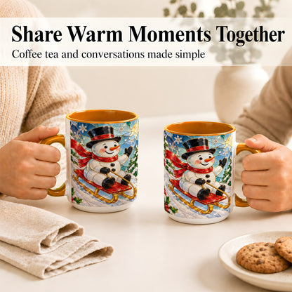 #pl[15oz|Orange] Sledding Snowman Coffee Mug, Stained Glass Style Mug, Ceramic Cup