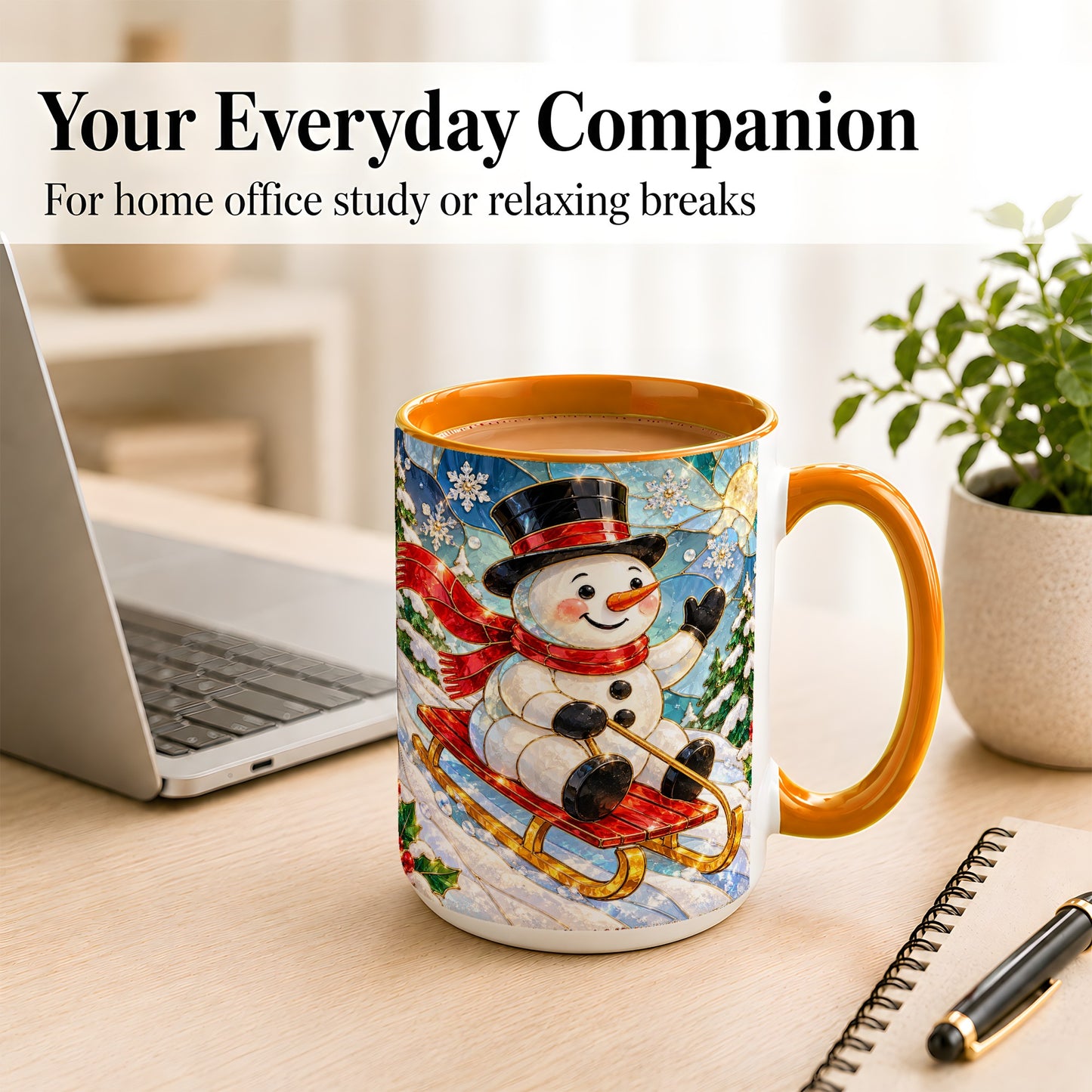 #pl[15oz|Orange] Sledding Snowman Coffee Mug, Stained Glass Style Mug, Ceramic Cup