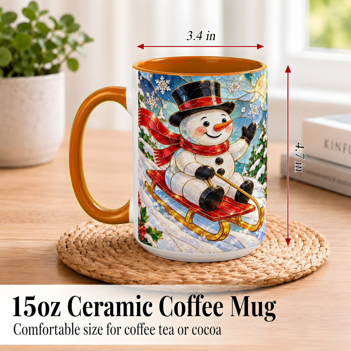 #pl[15oz|Orange] Sledding Snowman Coffee Mug, Stained Glass Style Mug, Ceramic Cup
