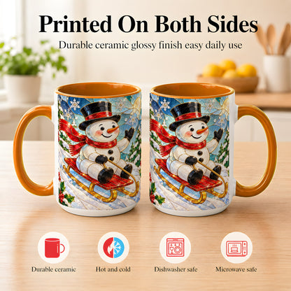 #pl[15oz|Orange] Sledding Snowman Coffee Mug, Stained Glass Style Mug, Ceramic Cup