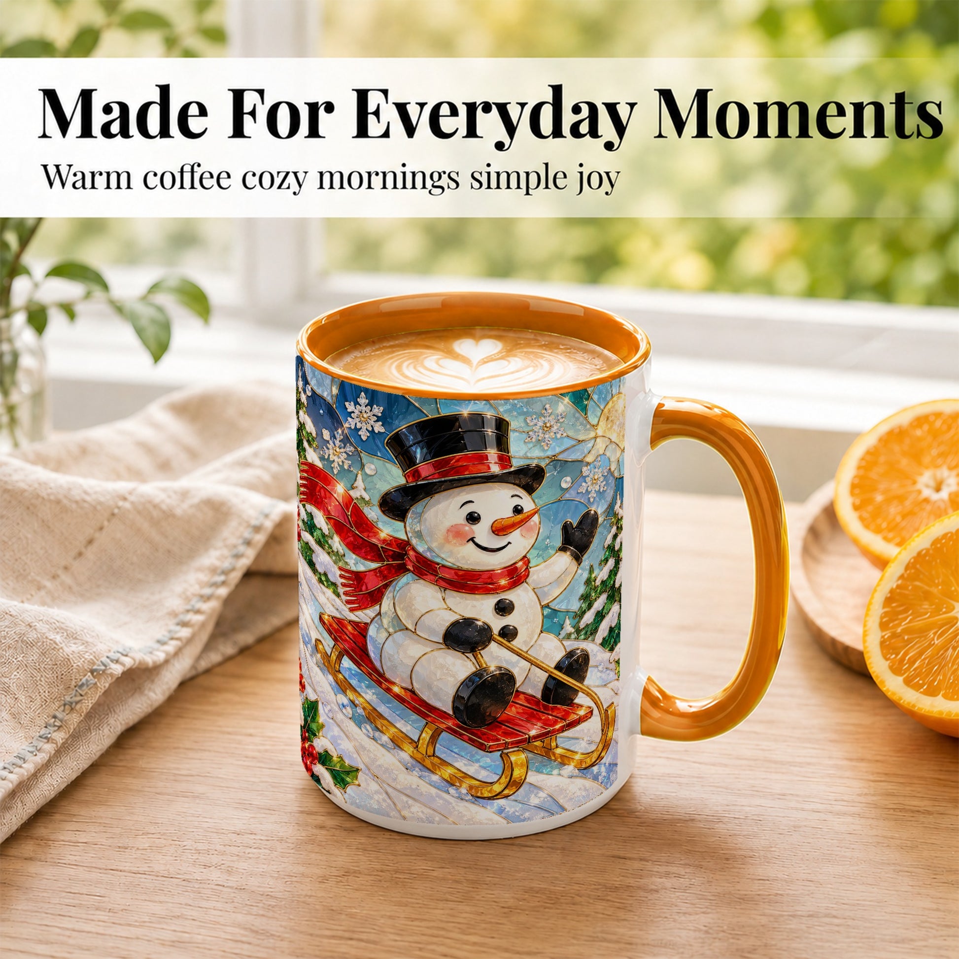 #pl[15oz|Orange] Sledding Snowman Coffee Mug, Stained Glass Style Mug, Ceramic Cup