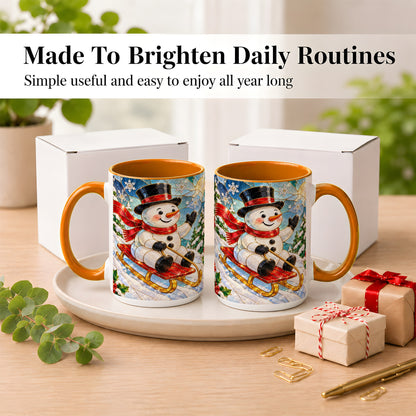 #pl[15oz|Orange] Sledding Snowman Coffee Mug, Stained Glass Style Mug, Ceramic Cup