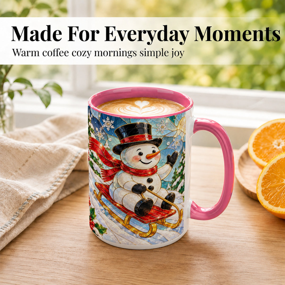 #pl[15oz|Pink] Sledding Snowman Coffee Mug, Stained Glass Style Mug, Ceramic Cup