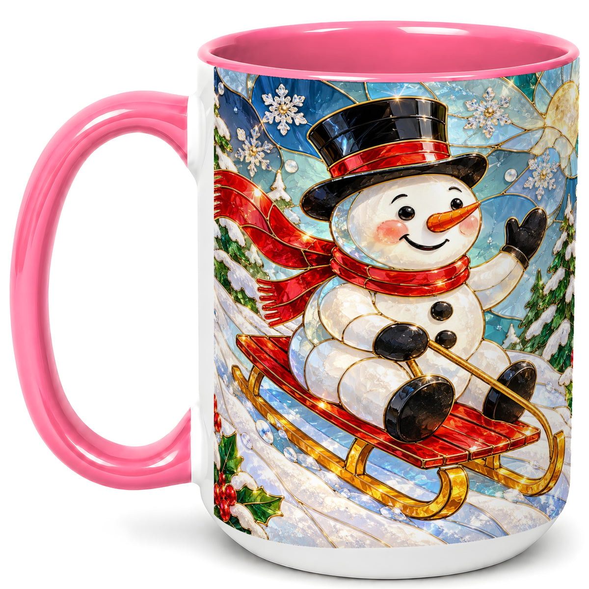 #pl[15oz|Pink] Sledding Snowman Coffee Mug, Stained Glass Style Mug, Ceramic Cup