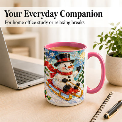 #pl[15oz|Pink] Sledding Snowman Coffee Mug, Stained Glass Style Mug, Ceramic Cup