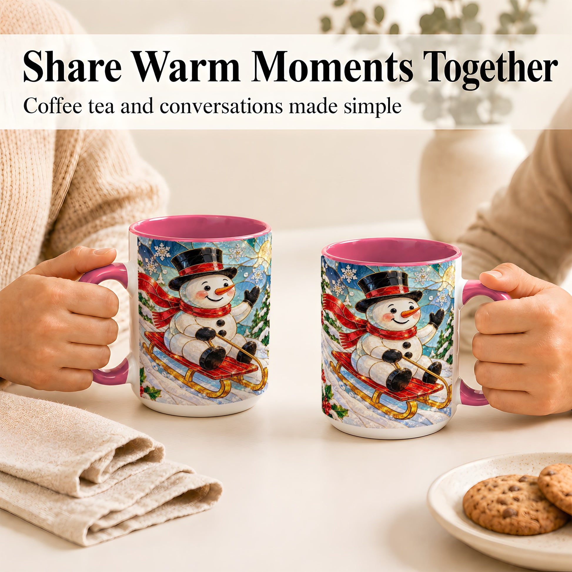 #pl[15oz|Pink] Sledding Snowman Coffee Mug, Stained Glass Style Mug, Ceramic Cup